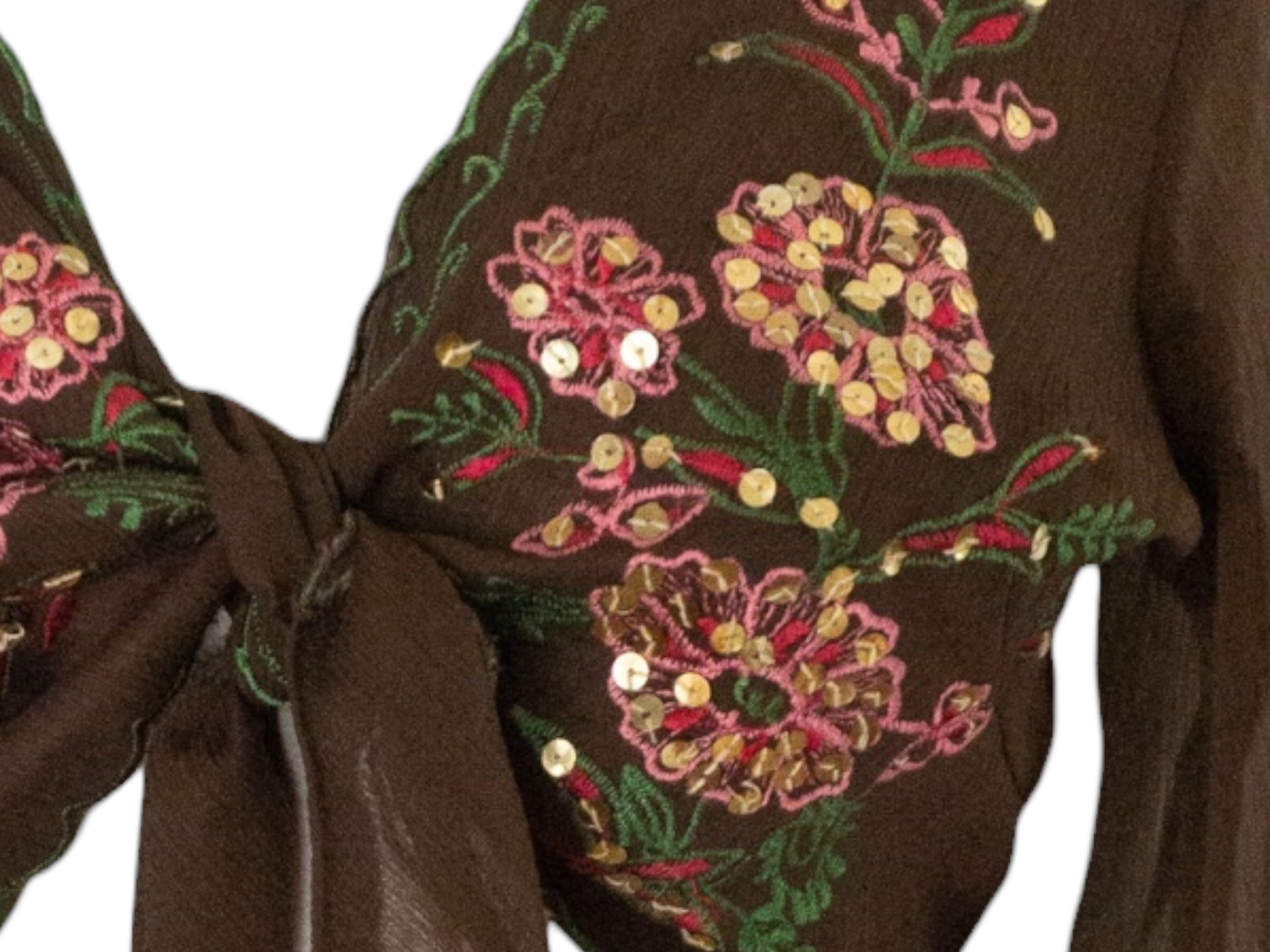 Embroidered Silk Blouse Brown Pink Tie Waist -  Vintage Y2k Deadstock