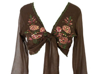 Embroidered Silk Blouse Brown Pink Tie Waist -  Vintage Y2k Deadstock