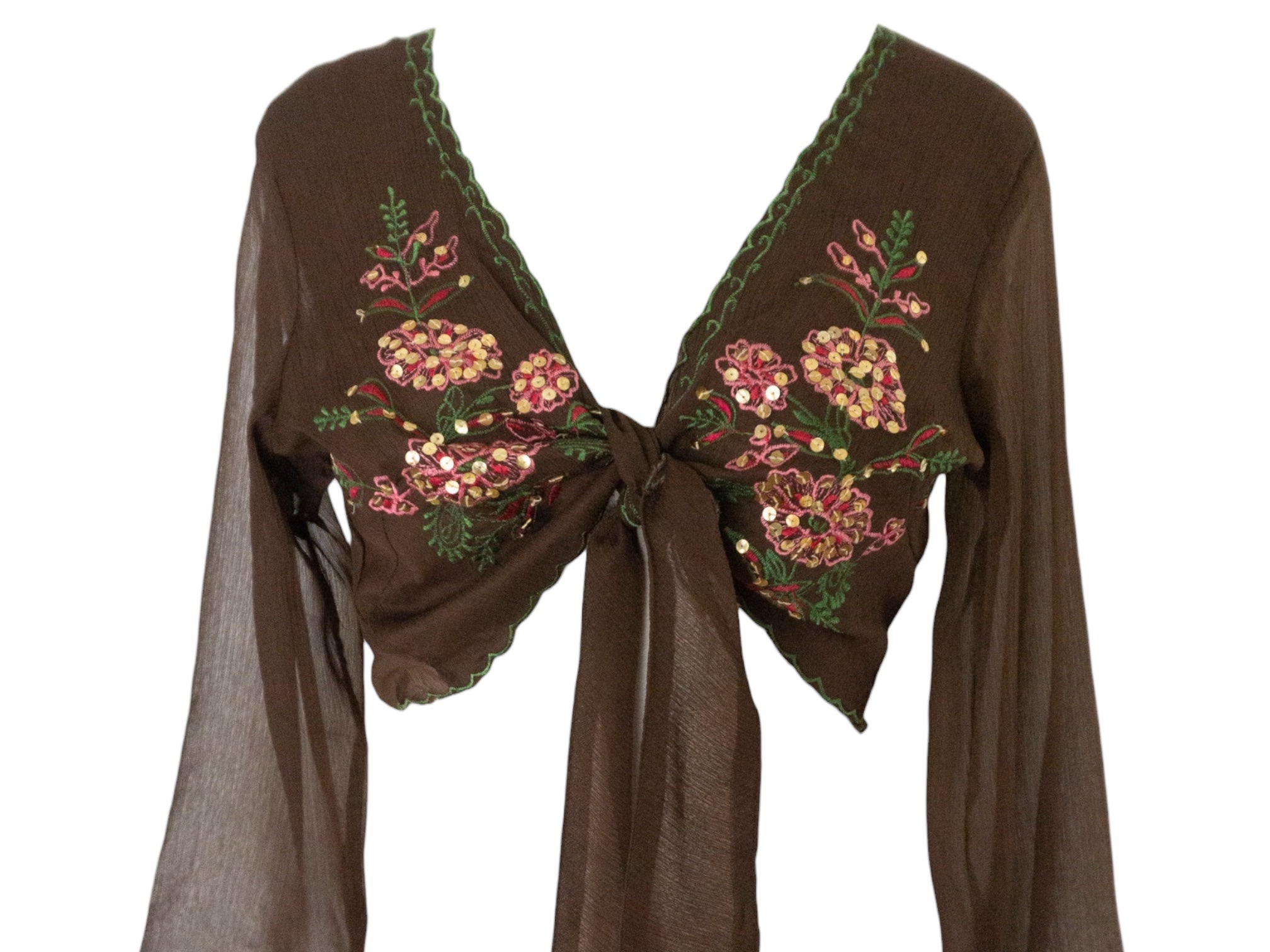 Embroidered Silk Blouse Brown Pink Tie Waist -  Vintage Y2k Deadstock