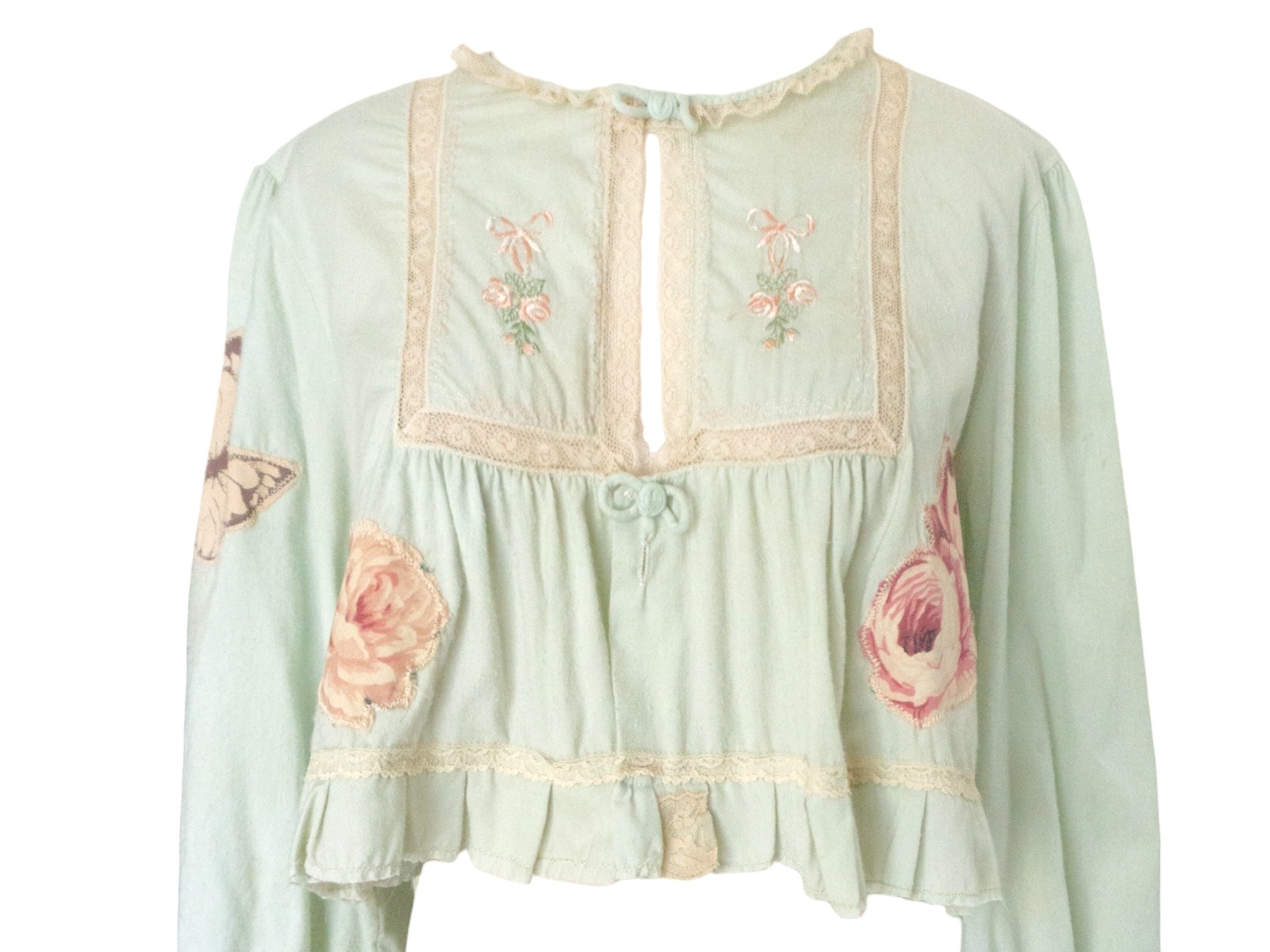 Reworked 70's Patchwork Floral Blouse Vintage 70's Reworked Blouse Ruffle Lace Crop Top