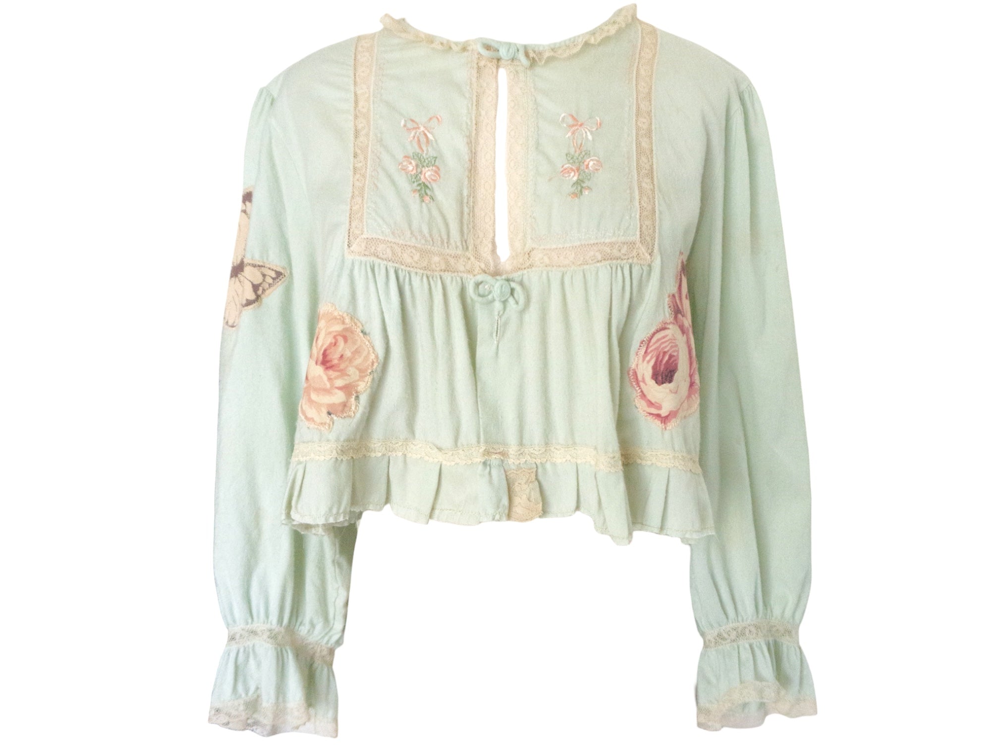 Reworked 70's Patchwork Floral Blouse Vintage 70's Reworked Blouse Ruffle Lace Crop Top