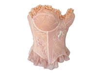 Ruffle Lace Bustier Top Embroidered Floral Pink Reworked Vintage