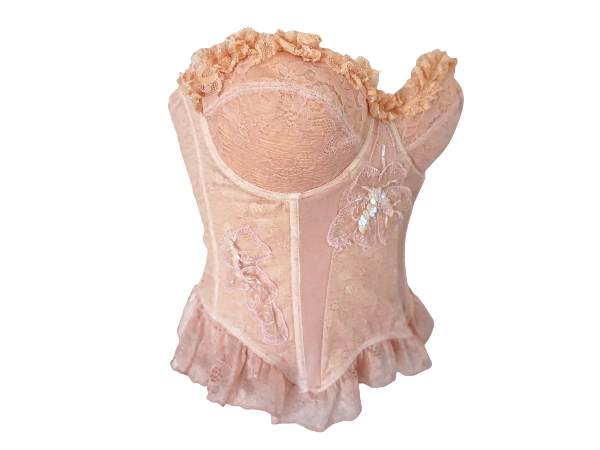 Ruffle Lace Bustier Top Embroidered Floral Pink Reworked Vintage