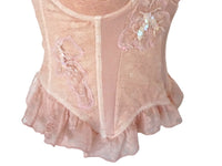 Ruffle Lace Bustier Top Embroidered Floral Pink Reworked Vintage