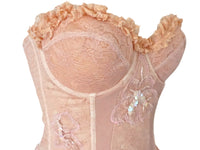 Ruffle Lace Bustier Top Embroidered Floral Pink Reworked Vintage