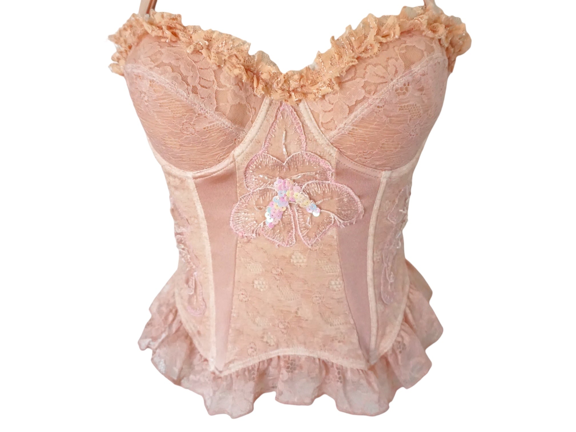Ruffle Lace Bustier Top Embroidered Floral Pink Reworked Vintage