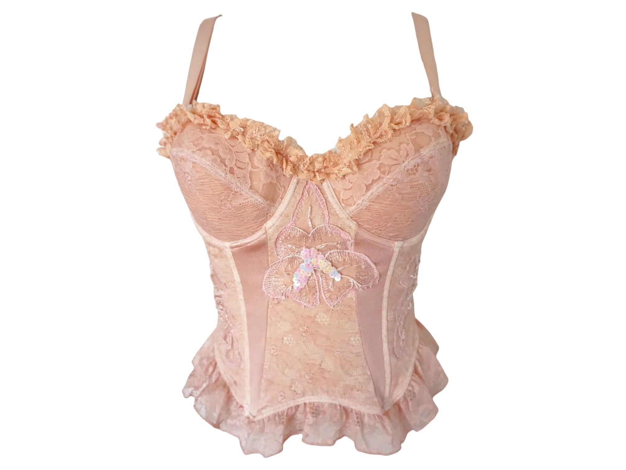 Ruffle Lace Bustier Top Embroidered Floral Pink Reworked Vintage