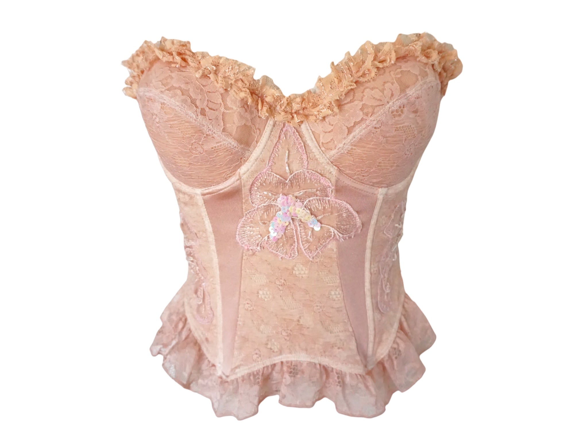Ruffle Lace Bustier Top Embroidered Floral Pink Reworked Vintage