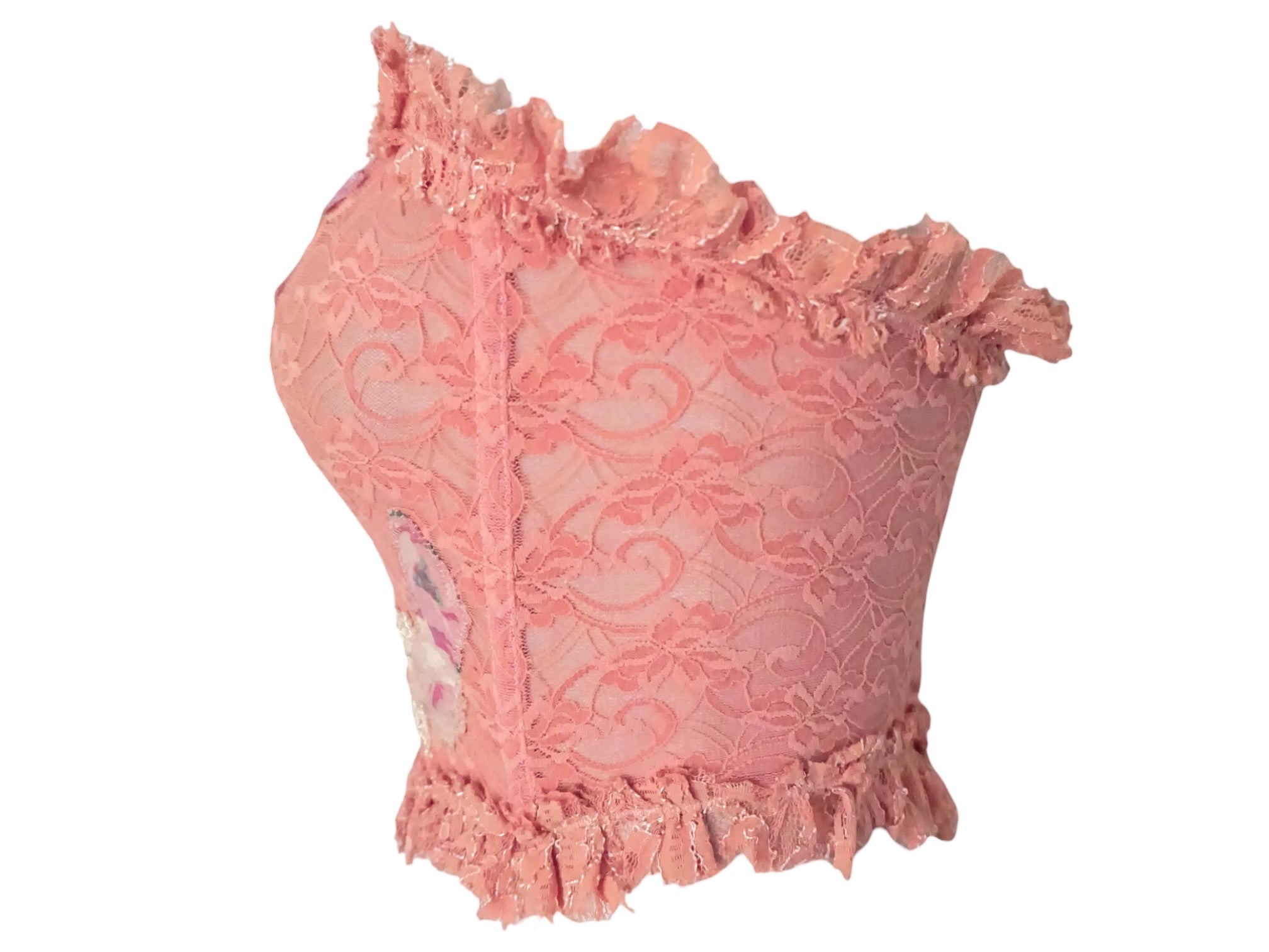 Reworked Pink Bustier Lace Ruffle Corset Strapless Top Sheer Lace Patchwork Vintage Reworked