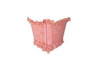 Reworked Pink Bustier Lace Ruffle Corset Strapless Top Sheer Lace Patchwork Vintage Reworked