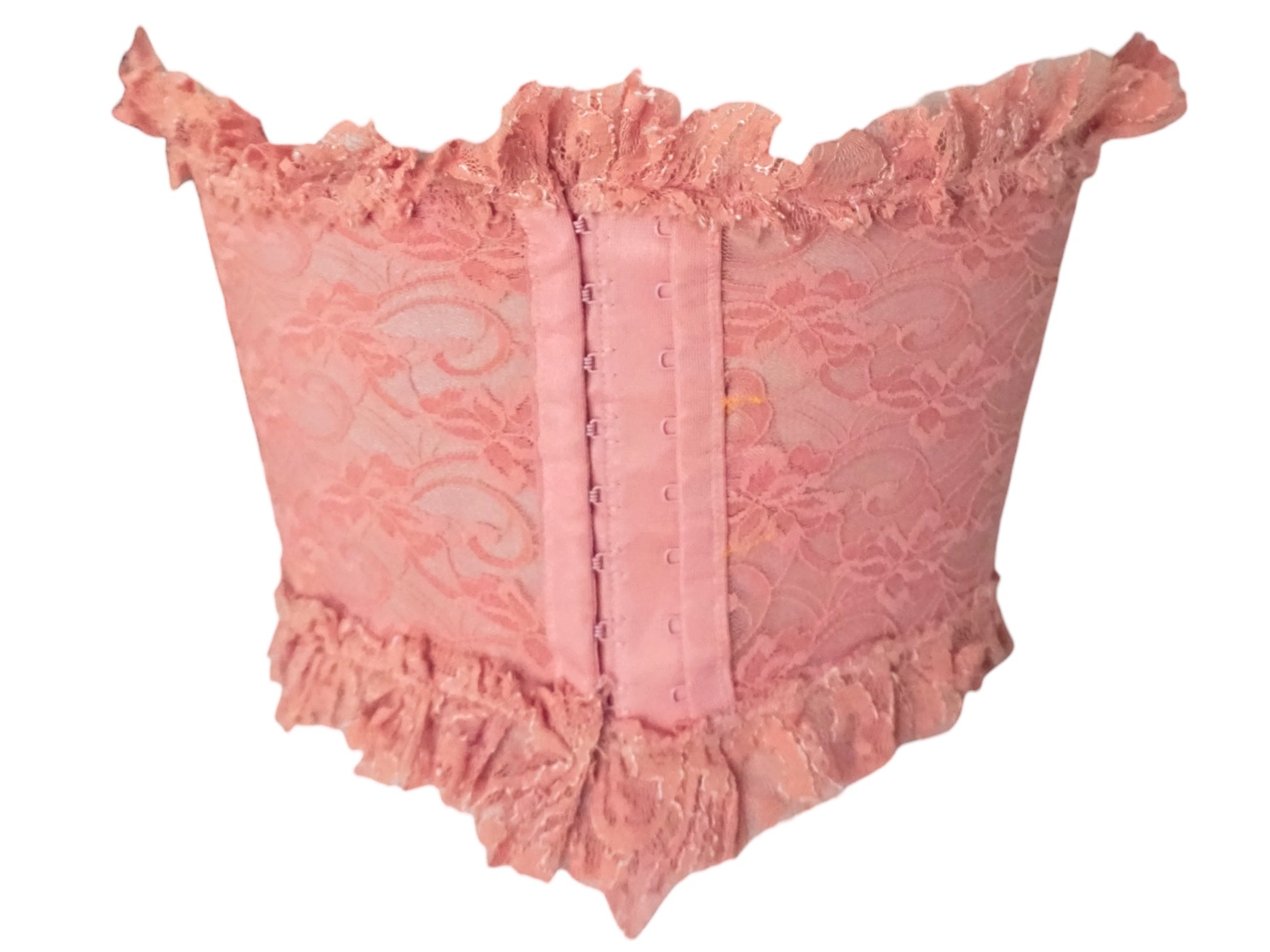 Reworked Pink Bustier Lace Ruffle Corset Strapless Top Sheer Lace Patchwork Vintage Reworked