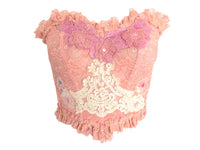Reworked Pink Bustier Lace Ruffle Corset Strapless Top Sheer Lace Patchwork Vintage Reworked