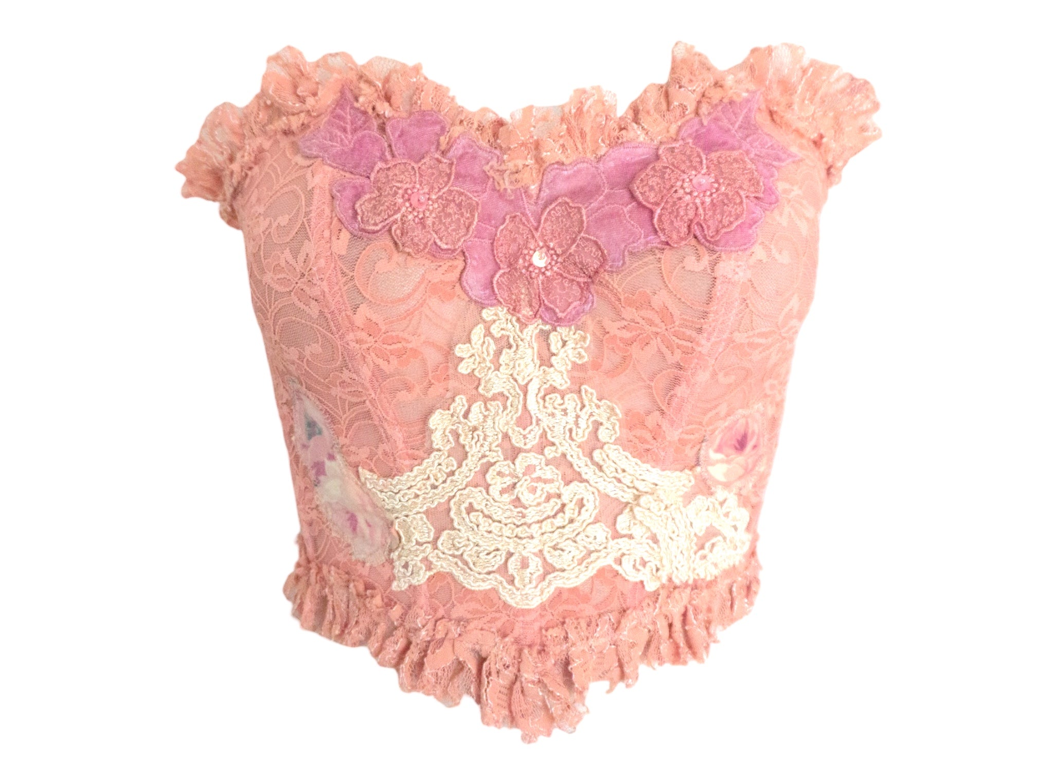 Reworked Pink Bustier Lace Ruffle Corset Strapless Top Sheer Lace Patchwork Vintage Reworked