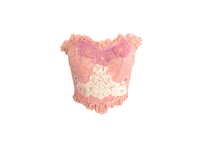 Reworked Pink Bustier Lace Ruffle Corset Strapless Top Sheer Lace Patchwork Vintage Reworked