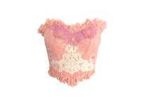 Reworked Pink Bustier Lace Ruffle Corset Strapless Top Sheer Lace Patchwork Vintage Reworked