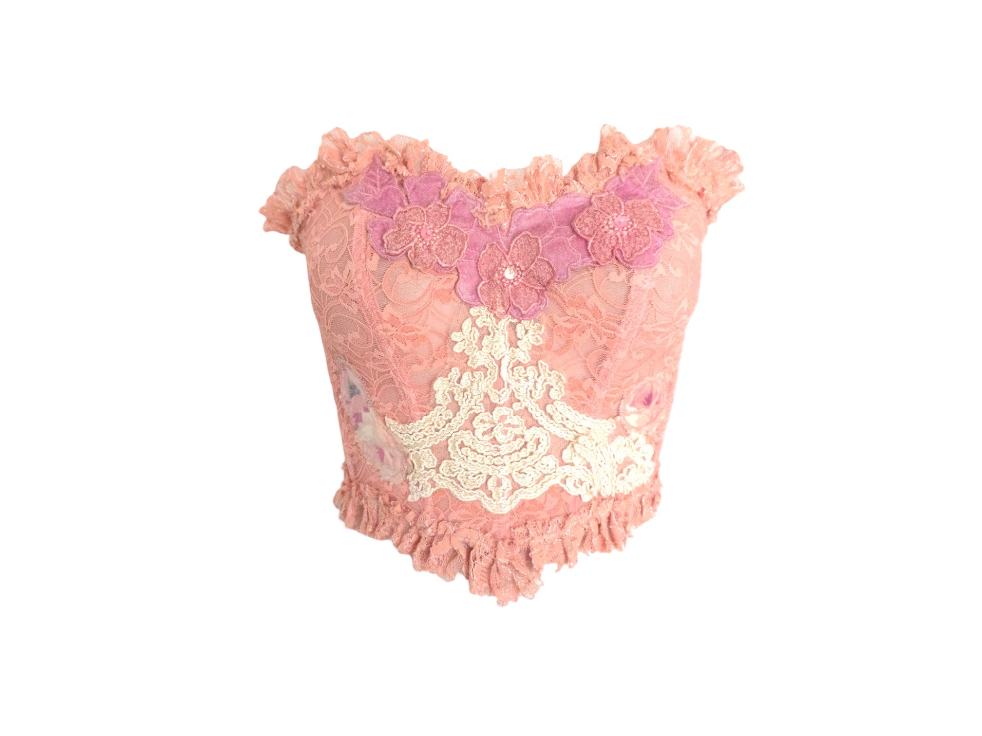 Reworked Pink Bustier Lace Ruffle Corset Strapless Top Sheer Lace Patchwork Vintage Reworked