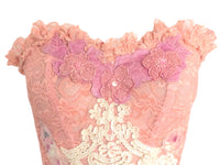 Reworked Pink Bustier Lace Ruffle Corset Strapless Top Sheer Lace Patchwork Vintage Reworked