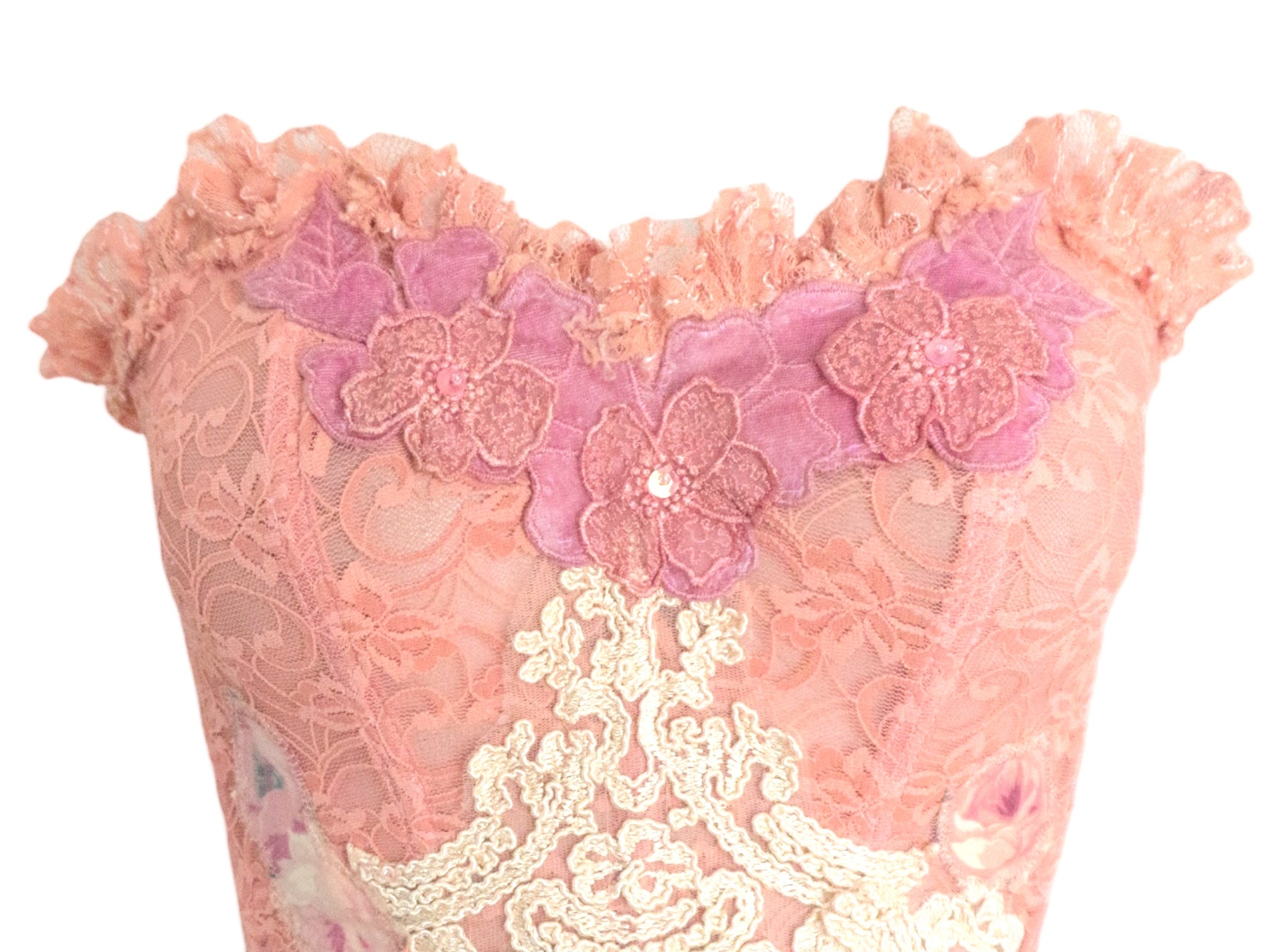 Reworked Pink Bustier Lace Ruffle Corset Strapless Top Sheer Lace Patchwork Vintage Reworked