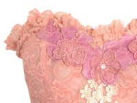 Reworked Pink Bustier Lace Ruffle Corset Strapless Top Sheer Lace Patchwork Vintage Reworked