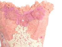 Reworked Pink Bustier Lace Ruffle Corset Strapless Top Sheer Lace Patchwork Vintage Reworked