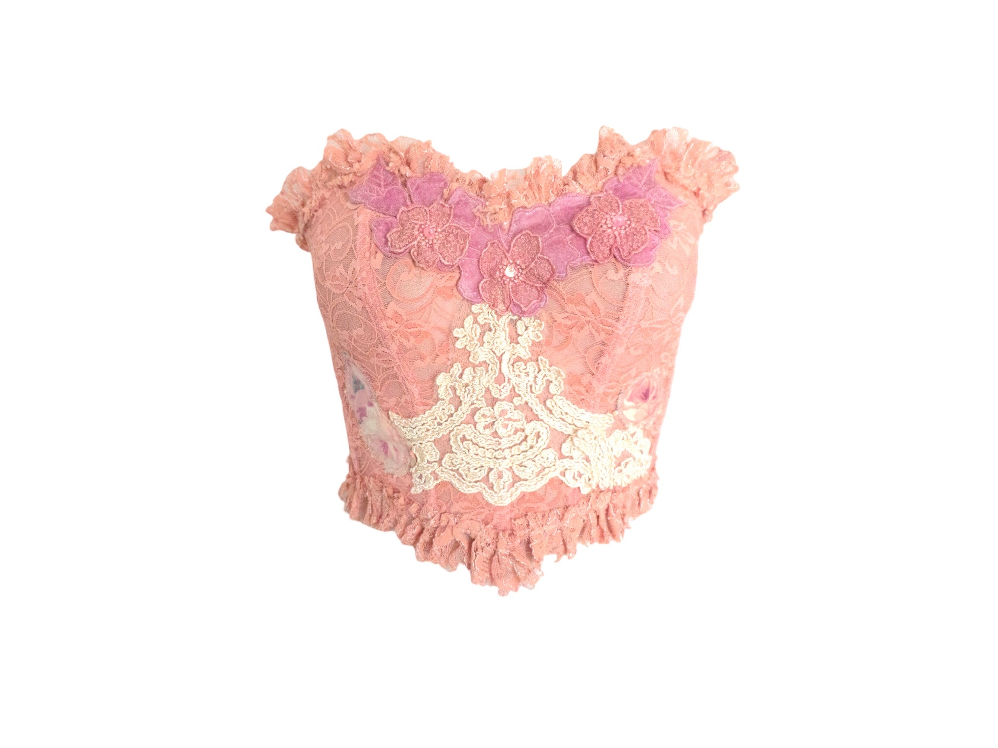 Reworked Pink Bustier Lace Ruffle Corset Strapless Top Sheer Lace Patchwork Vintage Reworked